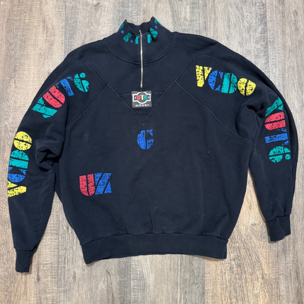 Vintage Maser Quarter Zip Graphic Sweatshirt Mens Black Cotton‎ Austria Medium